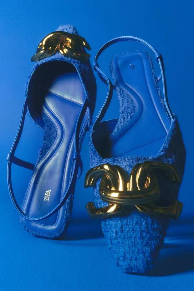 woloong  Brand Fashion Women Shoes Spring Summer New Blue Back Empty Personality Sandals Metal Decoration Flat All-match Mules