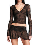 Women Lace Trim 2 Piece Skirt Set Sexy See Through Sleeveless Crop Tops Bodycon Skirt Outfits Summer Skirt Suit