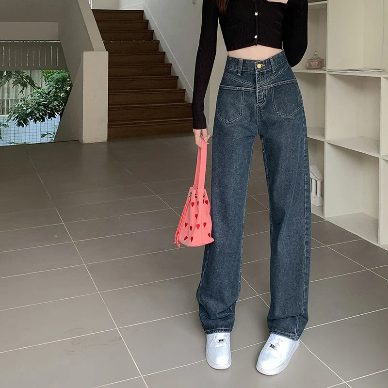 High Waist Wide Leg Jeans for Women Korean New High Street Loose Trousers Blue-gray Straight Denim Pants Women S-XL