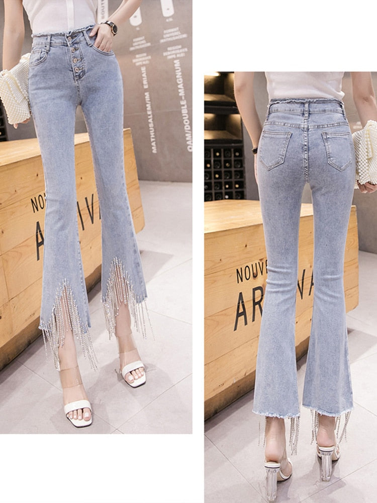 woloong spring new Flare Set auger Jeans Woman Denim Trousers Vintage Women Clothes Fall High Waist Pants Stretchy Jeans