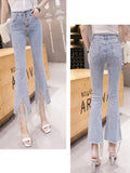 woloong spring new Flare Set auger Jeans Woman Denim Trousers Vintage Women Clothes Fall High Waist Pants Stretchy Jeans