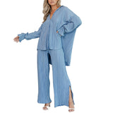 Women Two-piece Pleated Pants Suits Casual Chic Solid Color Long Sleeve Button down Shirts and Straight Leg Trousers Set