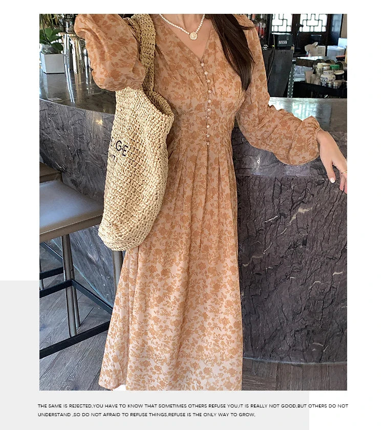 goosudu  Summer New Fashion French Women Dresses Vintage Floral Chiffon Dress Female High Waist Simple V-neck Long Sleeve Dress