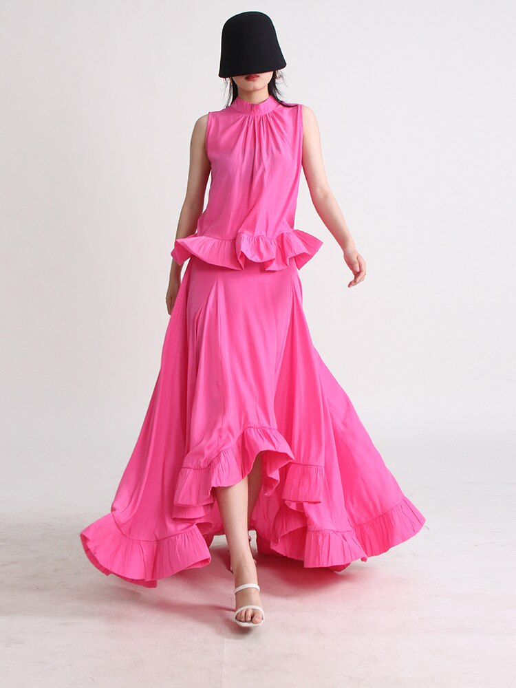 Solid Two Piece Sets For Women Stand Collar Sleeveless Tops High Waist A Line Skirts Summer Set Female Fashion New