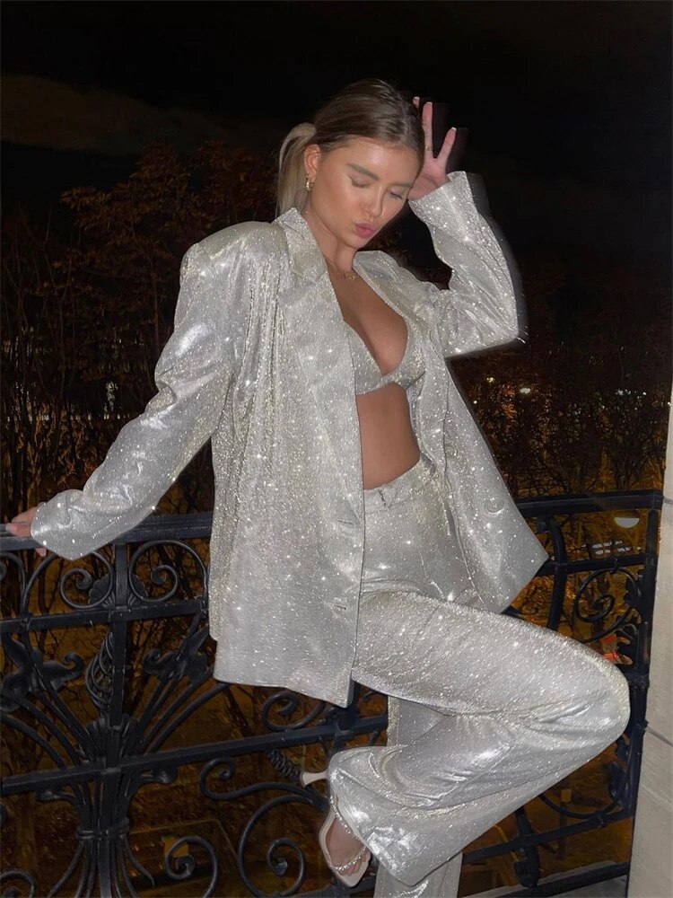 Glitter Silver Party Two Piece Pants Set Women Club Night Outfits Fashion Sparkly Blazer Matching Sets Femme Tracksuit