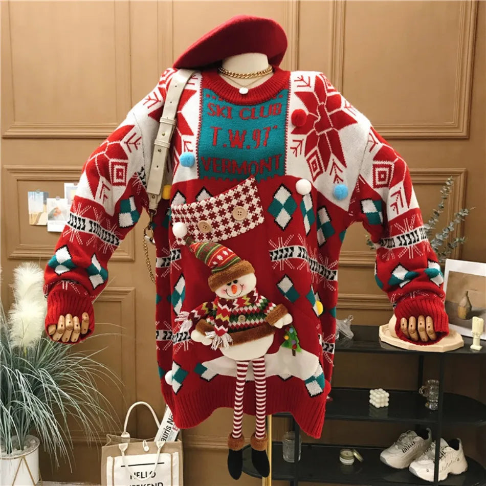 Women's Sweater  Winter New Christmas Long Sleeve O Neck Knitted Sweaters Tpos Korean Fashion Casual Loose Sweater Pullovers New Year