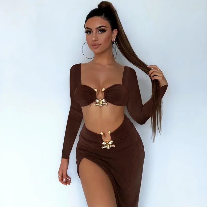 Sexy Strapless Crop Tube Top High Waist Slit Maxi Dress 2 Pcs Suits Fall Women Fashion Streetwear Vestido Y2K