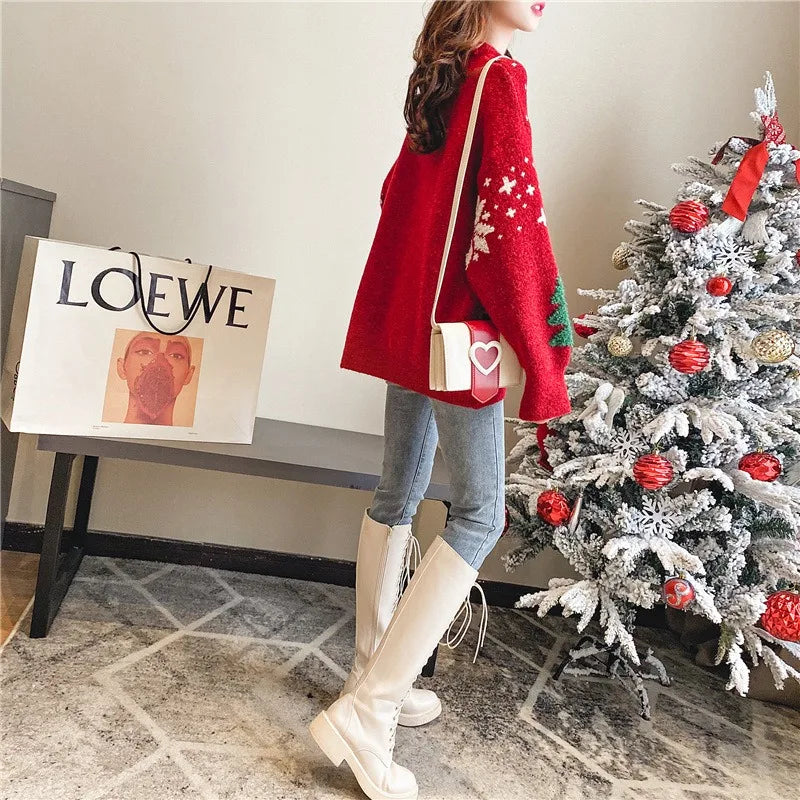 New Year Autumn and Winter New Super Hot Loose and Lazy Style Top Thickened Red Christmas Sweater  sweater women