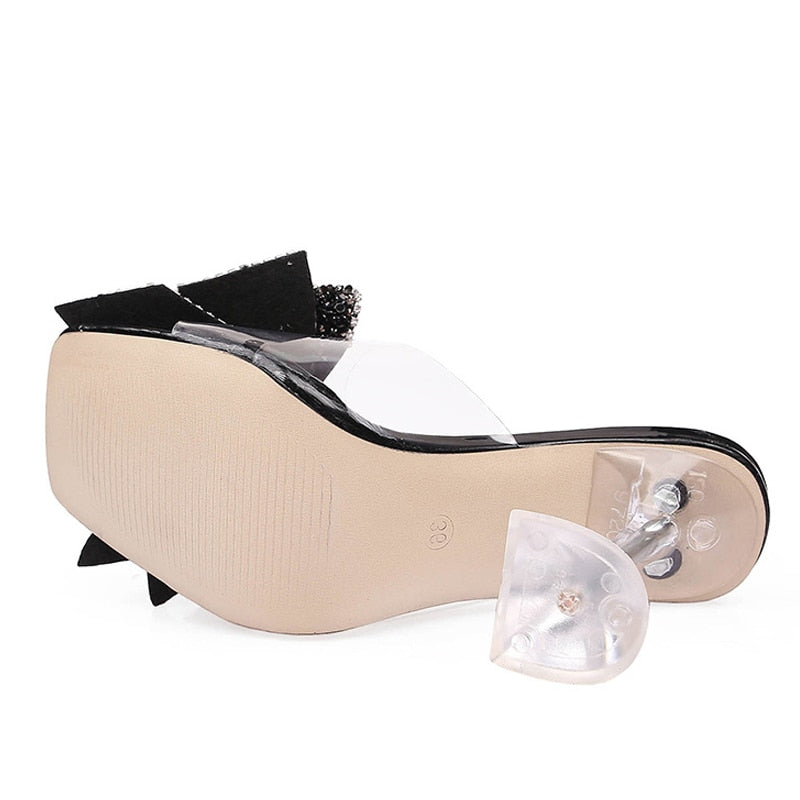New Transparent Slippers For Women Fashion Silver Crystal Bowknot High Heels Female Mules Slides Summer Sandals Shoes