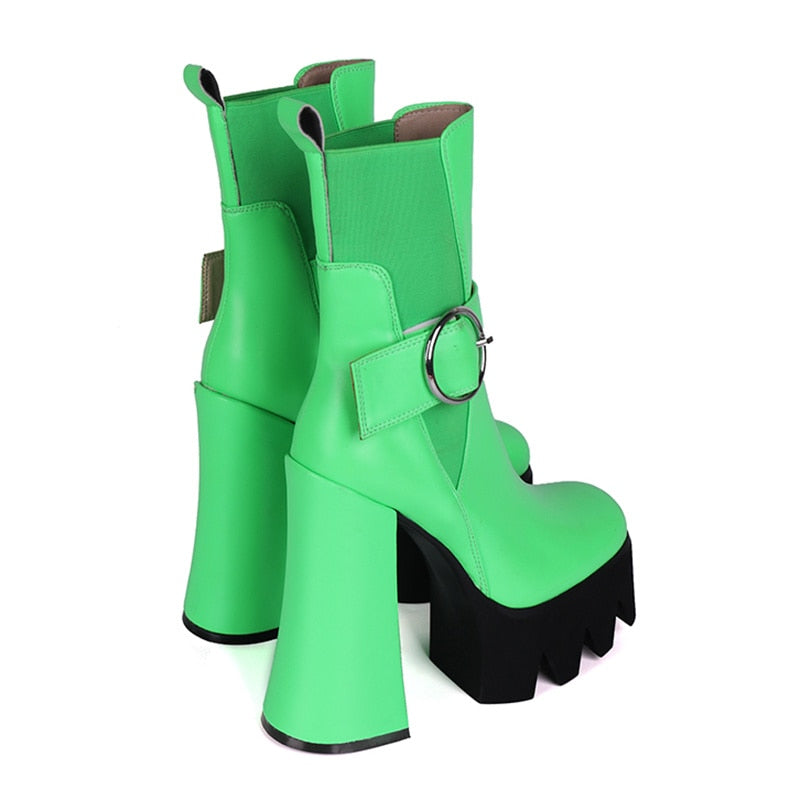 Spring and Autumn New Thick Heel Waterproof Platform Square Toe Short Boots Green Fashion Women's Boots Genuine Leather