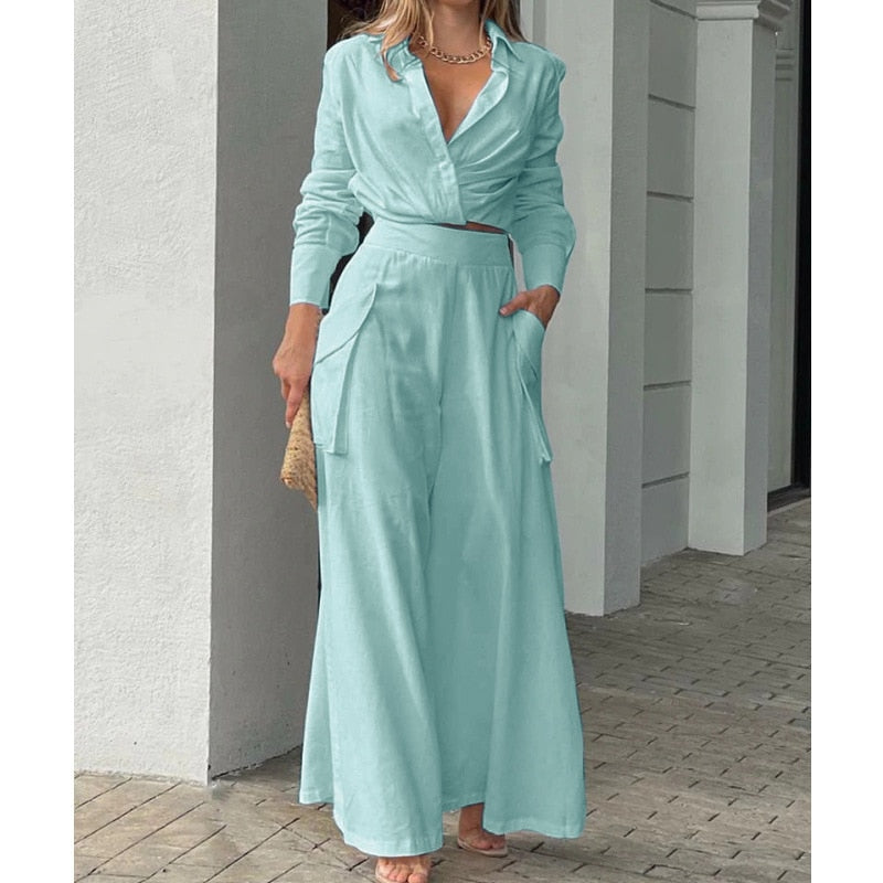 Shirt Long Pants Suits 2 Piece Set Women Long Sleeve Shirt Wide Leg Pants Casual White Spring Summer Outfits  New