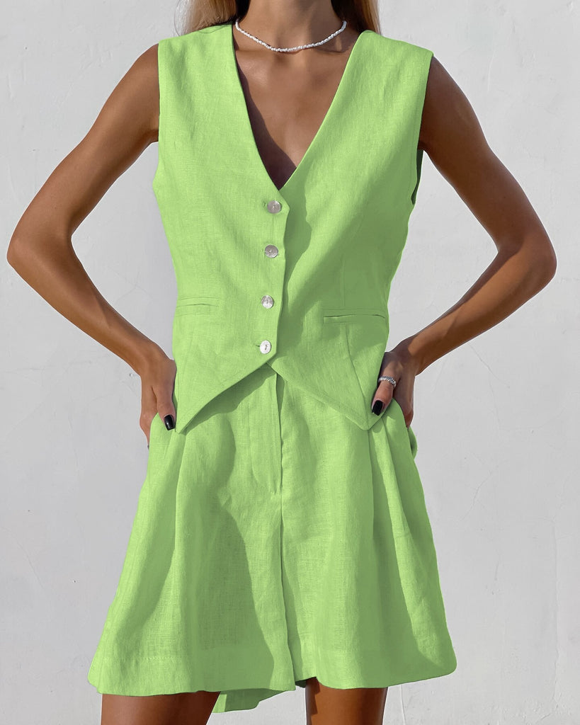 Cotton Linen Vest Shorts White Blue Sets Sleeveless Button V-neck Waistcoat 2 Pieces Set Womens Elegant Top Shorts Suits
