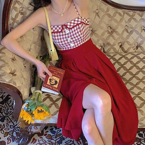 Sleeveless Dress Women Ulzzang Elegant Ladies Patchwork Tender Spaghetti Strap Vintage Streetwear Side-slit New Summer All-match