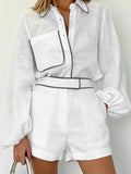 Linen Lantern Sleeve Blouses Shorts 2 Pieces Suits Cotton Loose Shorts Patchwork Tops Sets Fashion Women Vacation Outfits