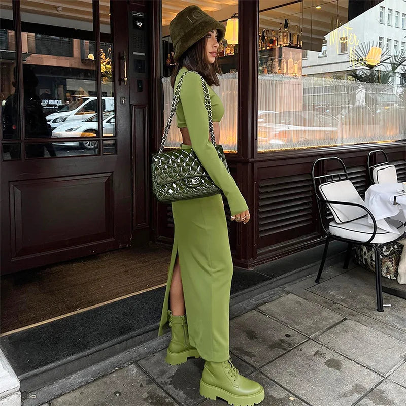 Elegant 2 Piece Set Green Long Sleeve Cropped Top And Slim Split Maxi Skirt Sets Femme  New Party Evening Outfits
