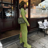 Elegant 2 Piece Set Green Long Sleeve Cropped Top And Slim Split Maxi Skirt Sets Femme  New Party Evening Outfits