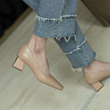 Spring New Women's Pumps Genuine Leather Square Toe Chunky Heel Fashion All-match Casual Women's Shoes Green/Apricot