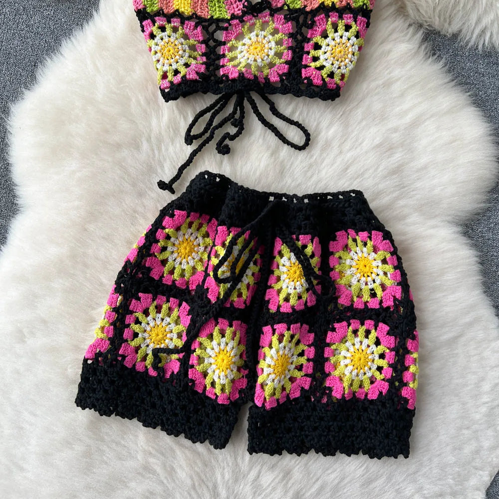 goosudu  Summer Hollow Out Beach Suits Women Strap Halter Sexy Top+Mini Shorts Fashion Floral Knitted Bohemian Two Pieces Sets