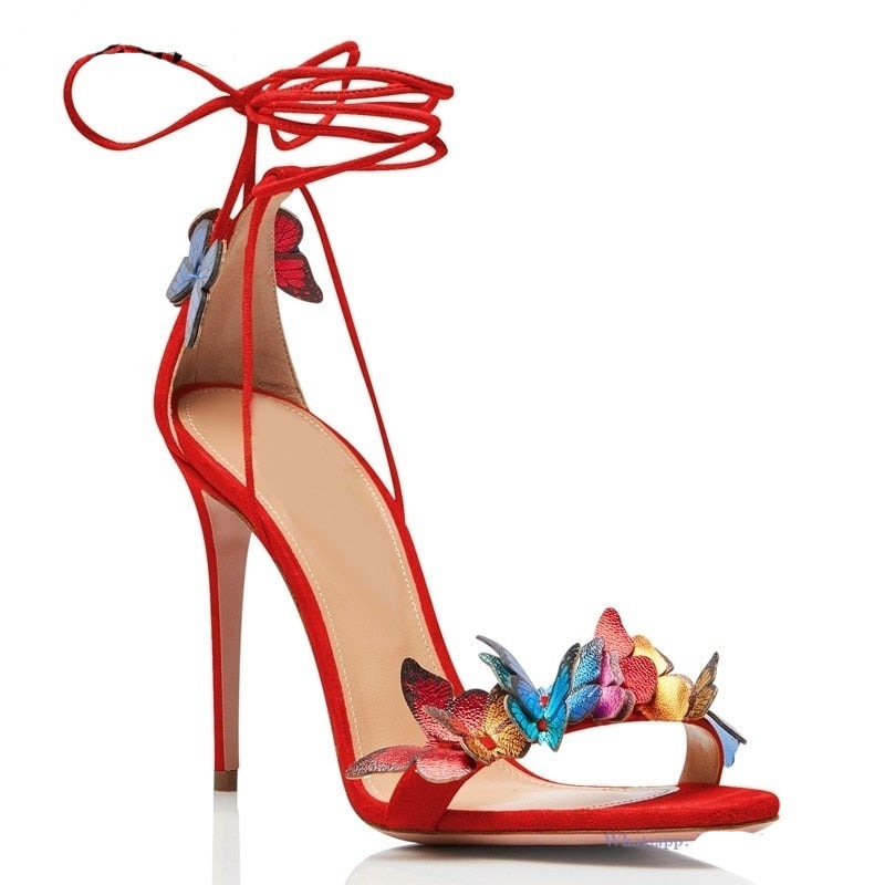 woloong Green Yellow Butterfly Sandals Back Lace Up Blue Red Thin High Heel Sandals New Summer Shoes For Women Stilettos Sandals