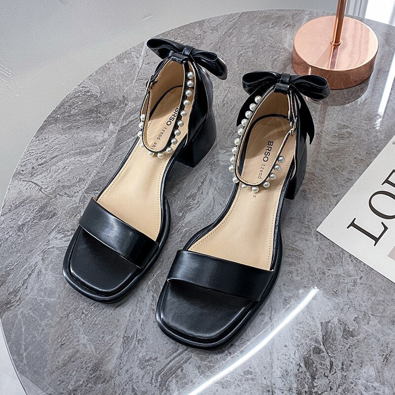 woloong Brand Ladies Sandal Spring New Fairy Pearl Sandals Sweet Square Heel with Mesh Crystal Temperament High Heels Tenis Masculino