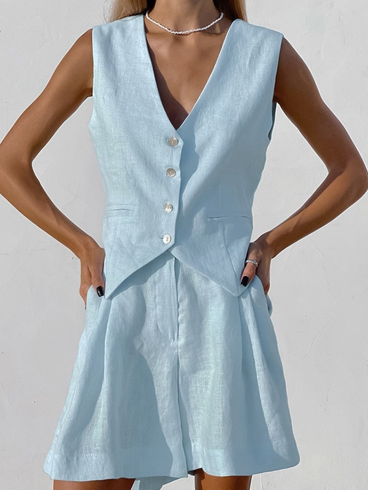 Cotton Linen Vest Shorts White Blue Sets Sleeveless Button V-neck Waistcoat 2 Pieces Set Womens Elegant Top Shorts Suits