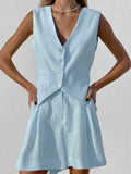 Cotton Linen Vest Shorts White Blue Sets Sleeveless Button V-neck Waistcoat 2 Pieces Set Womens Elegant Top Shorts Suits