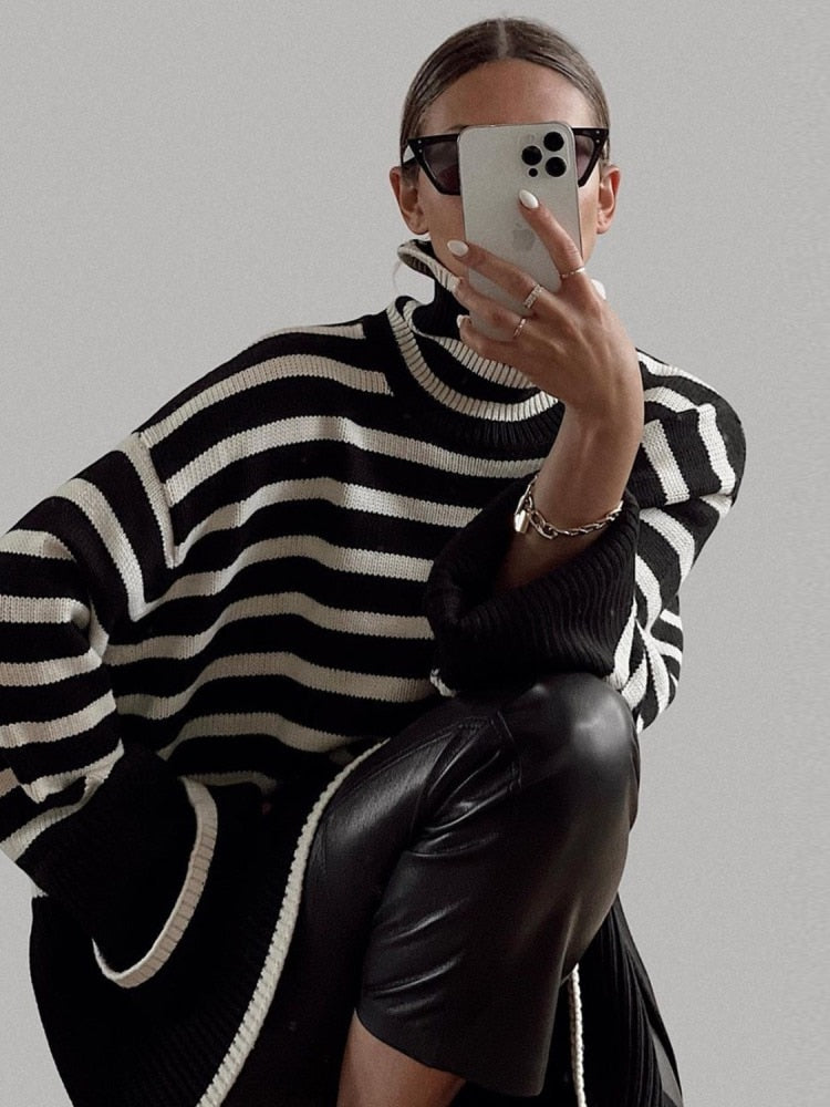 Winter Women’s Long Sleeves Knit Sweater Turtleneck Striped Print Loose Pullover Tops New Autumn Oversized Sweater