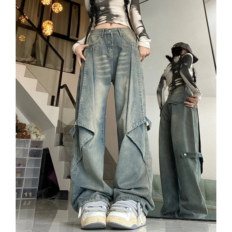 Blue Women Jeans Vintage High Waist Chic American Fashion Y2K Streetwear Wide Leg Jean Female Trouser  NEW Baggy Denim Pants