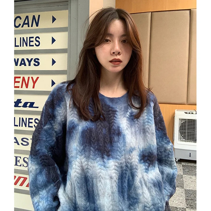 Winter Women Purple Sweater Crew Neck Twist Tie Dye Korean Fashion Lazy Wind Loose New Pullover Long Sleeves Knitting Tops