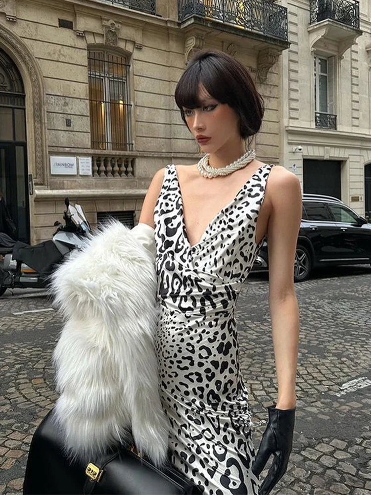 Elegant Deep V Neck Backless Slim Evening Long Dress Women Sexy Leopard Print Slip Maxi Dress Party Clubwear new
