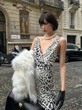Elegant Deep V Neck Backless Slim Evening Long Dress Women Sexy Leopard Print Slip Maxi Dress Party Clubwear new