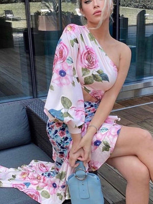 goosudu Summer New Ladies Fashion Tube Top Single Sleeve + Waist Splicing Skirt Sexy Elegant Ladies Asymmetric Skirt Suit