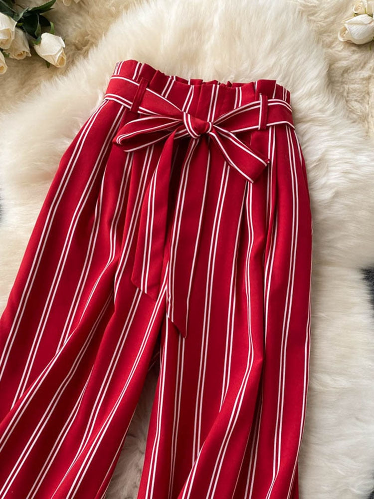 goosudu Summer New Fashion All-match Women's Casual Pants Retro Striped Color Slim Long Slit Wide Leg Pants DK1053