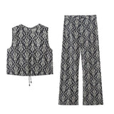 Printed Drawstring Cropped Tops Low Waist Fly Pants Sets Thin Causal Shirts Button Suits Summer Female Sleeveless Outwear