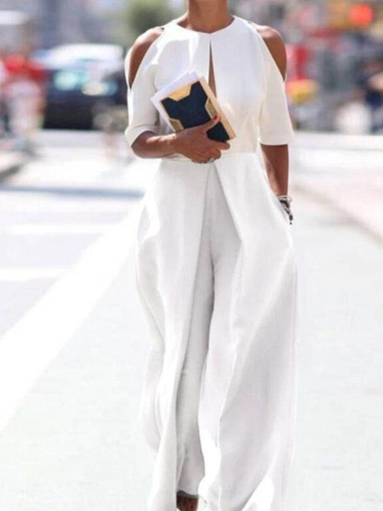 Fashion Hollow Solid Trousers Rompers Summer O Neck Off Shouler Short Sleeve Playsuit Women Elegant Wide Leg Straight Jumpsuits