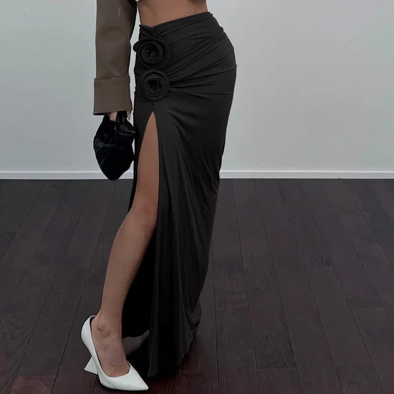 Elegant Ruched Split Maxi Skirts for Women Floral Applique Trim Fashion Outfits Vacation Beachwear Skirt Bottom