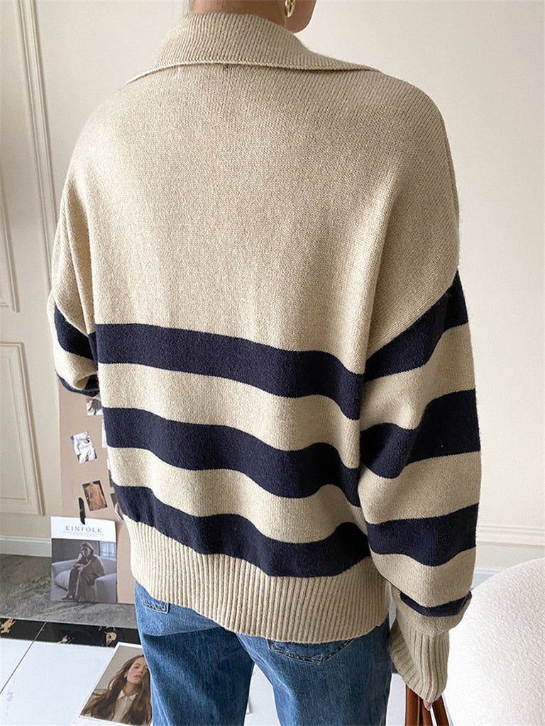 Y2k Autumn Winter Loose Knitted Sweater Jumpers Woman New Vintage Casual Polo Deep V-Neck Striped Pullover Female
