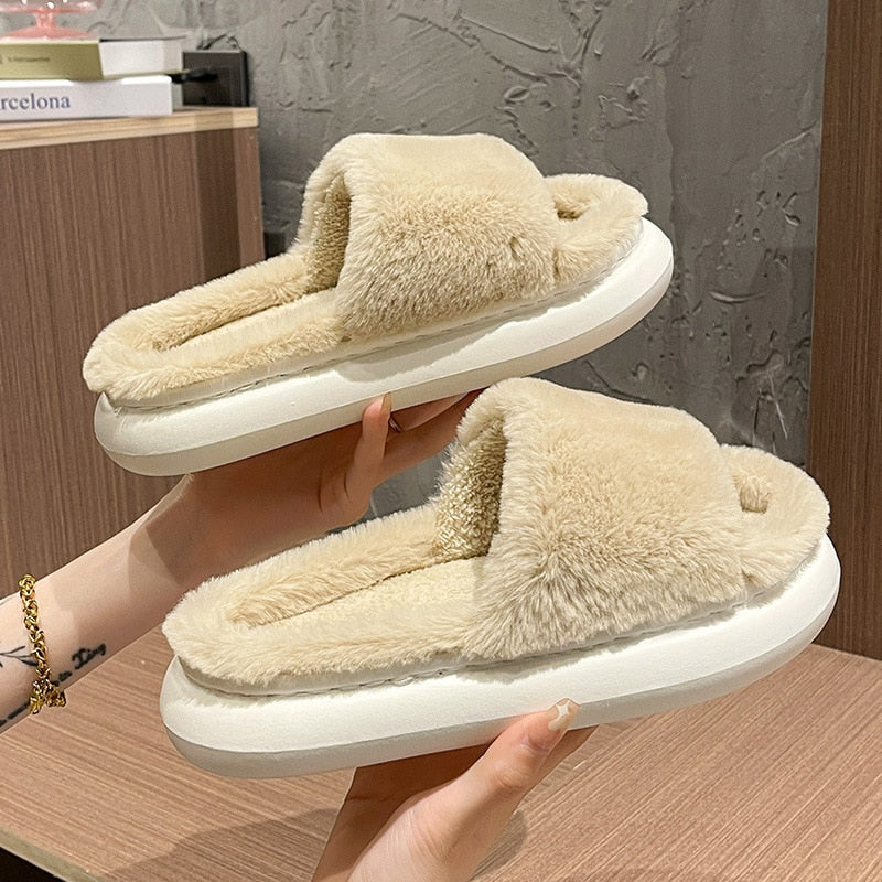 goosudu Thick Fluffy Fur Slippers New Women Winter House Warm Furry Slippers Women Flip Flops Home Slides Flat Indoor Floor Shoes