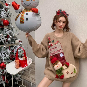 Christmas Red Loose Sweaters Mujer  Autumn New Thicked Warm Knitted Pullovers Y2k Long Sleeve Lazy Tops Women New Year
