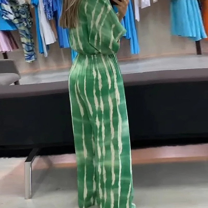 Summer Striped Print Waisted Romper Women Fashion V-neck Half Sleeve Jumpsuit Ladies Casual Wide Leg Pant Playsuit Overalls