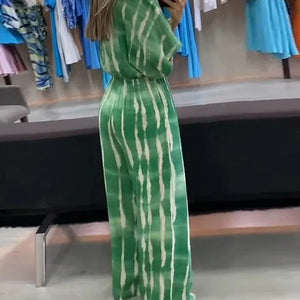 Summer Striped Print Waisted Romper Women Fashion V-neck Half Sleeve Jumpsuit Ladies Casual Wide Leg Pant Playsuit Overalls