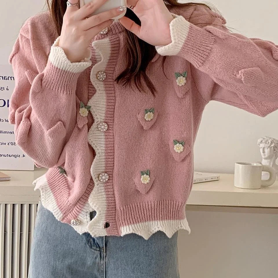 Chic Korean Fashion Flower Pattern Red Christmas Cardigan Sweaters Autumn Winter Long Sleeve Y2K Aesthetic Knitted Tops Christmas New Year