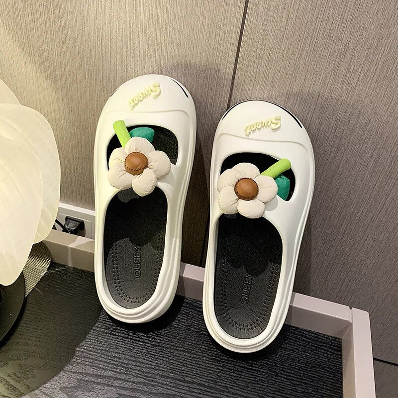Women Candy Color Flower New Slippers Summer Thick Sole Outdoor Cute Hollow Breathable Fashion Leisure Shoes Women Slippers