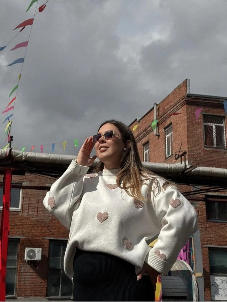 Love Embroidery Women's Knitting Sweaters Sweet Chic Long Sleeved O-neck Pullovers  New Female Casual Fashion Sweater