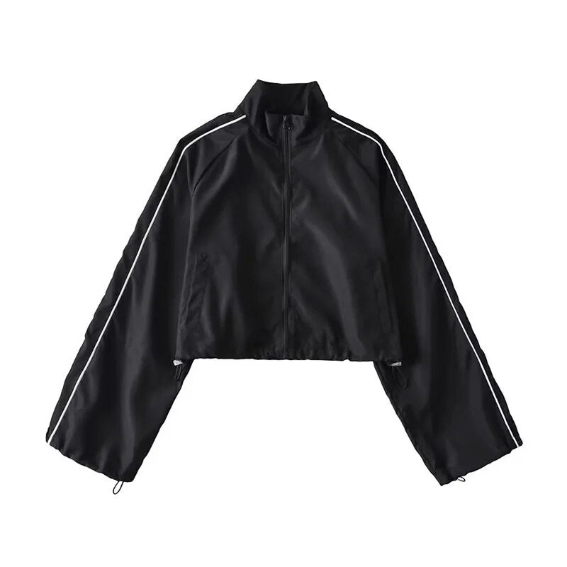 White Black Sports Tracksuits Set Women Windbreak Fast Dry Cropped Zip Up Jackets Coat Top Wide Leg Baggy Pants Trousers