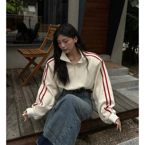 Apricot Women Sweatshirt Coat Solid Stripe Vintage Long Sleeve Short Korean Fashion Casual Y2K Style  NEW Autumn Female Tops