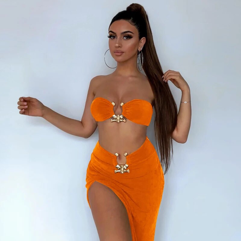Sexy Strapless Crop Tube Top High Waist Slit Maxi Dress 2 Pcs Suits Fall Women Fashion Streetwear Vestido Y2K