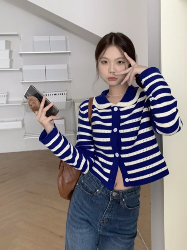 Striped Knitted Cardigan Women Hollow Out Turn Down Collar Long Sleeve Cropped Sweater Loose Outwear Autumn New Tops
