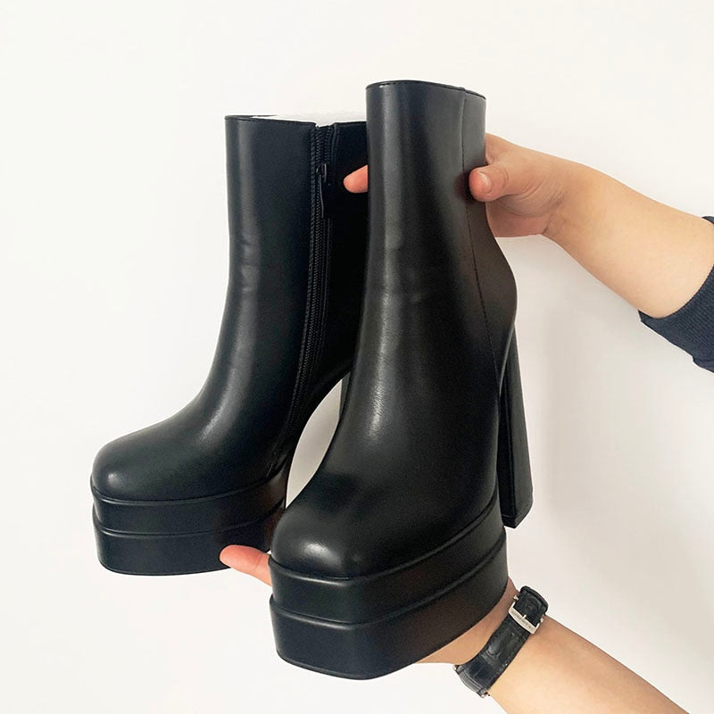 woloong New Ankle Boots Women Quality Platform Boots Female Fashion Short Boot Black Chunky High Heel Women Shoes Big Size 41