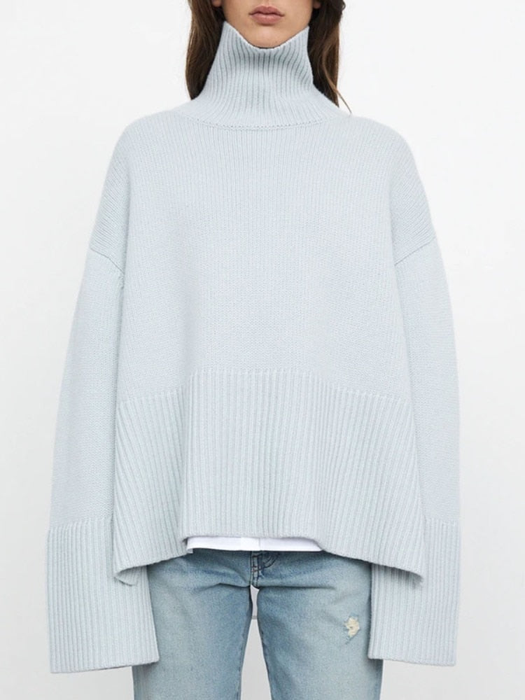 Winter Women’s Long Sleeves Knit Sweater Turtleneck Striped Print Loose Pullover Tops New Autumn Oversized Sweater